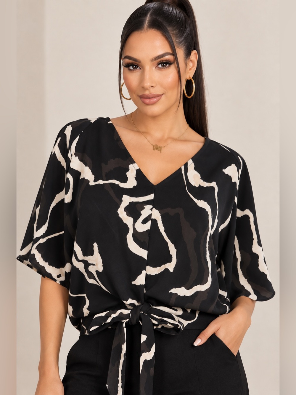 Nine West Black and Cream V-Neck Tie-Front Blouse